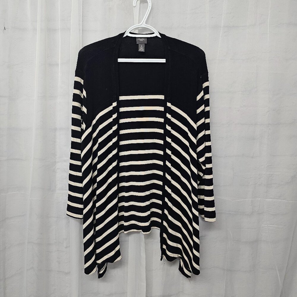 Vintage Chico's Travelers Cardigan Black Cream Striped Liquid Knit Open 3 (XL)